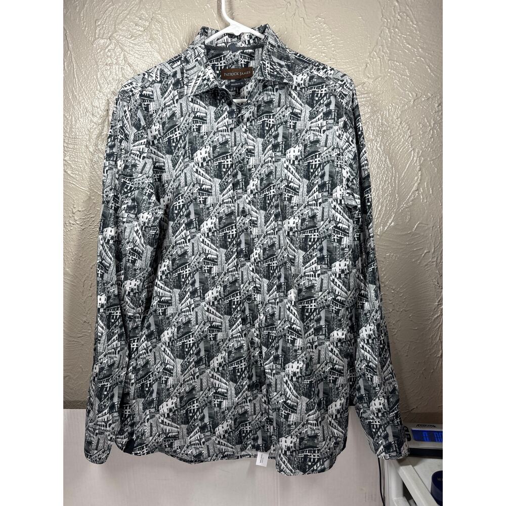 Patrick James Shirt Mens Button Up Causal Long Sleeve Black Gray‎ Size Medium